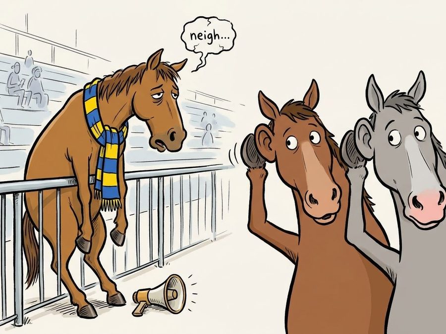 A horse in a team scarf slumped against a stadium rail, megaphone dropped, whispering a cracked neigh